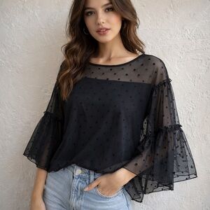Sheer Black Mesh Top Whimsigoth Dark Fairy Bell Sleeve Blouse Polka Dot Sz XS
